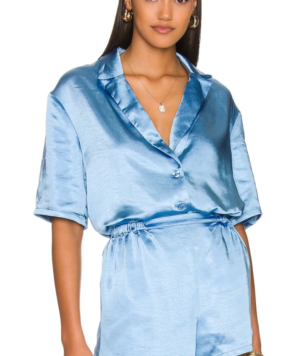 House of Harlow Blue Satin Button Down Shirt SMALL Oversized Coquette $158 NEW